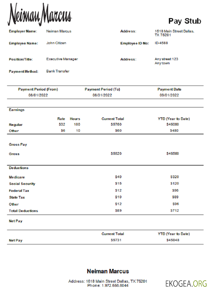 États Unis, talon de paie de l'entreprise du grand magasin Neiman Marcus